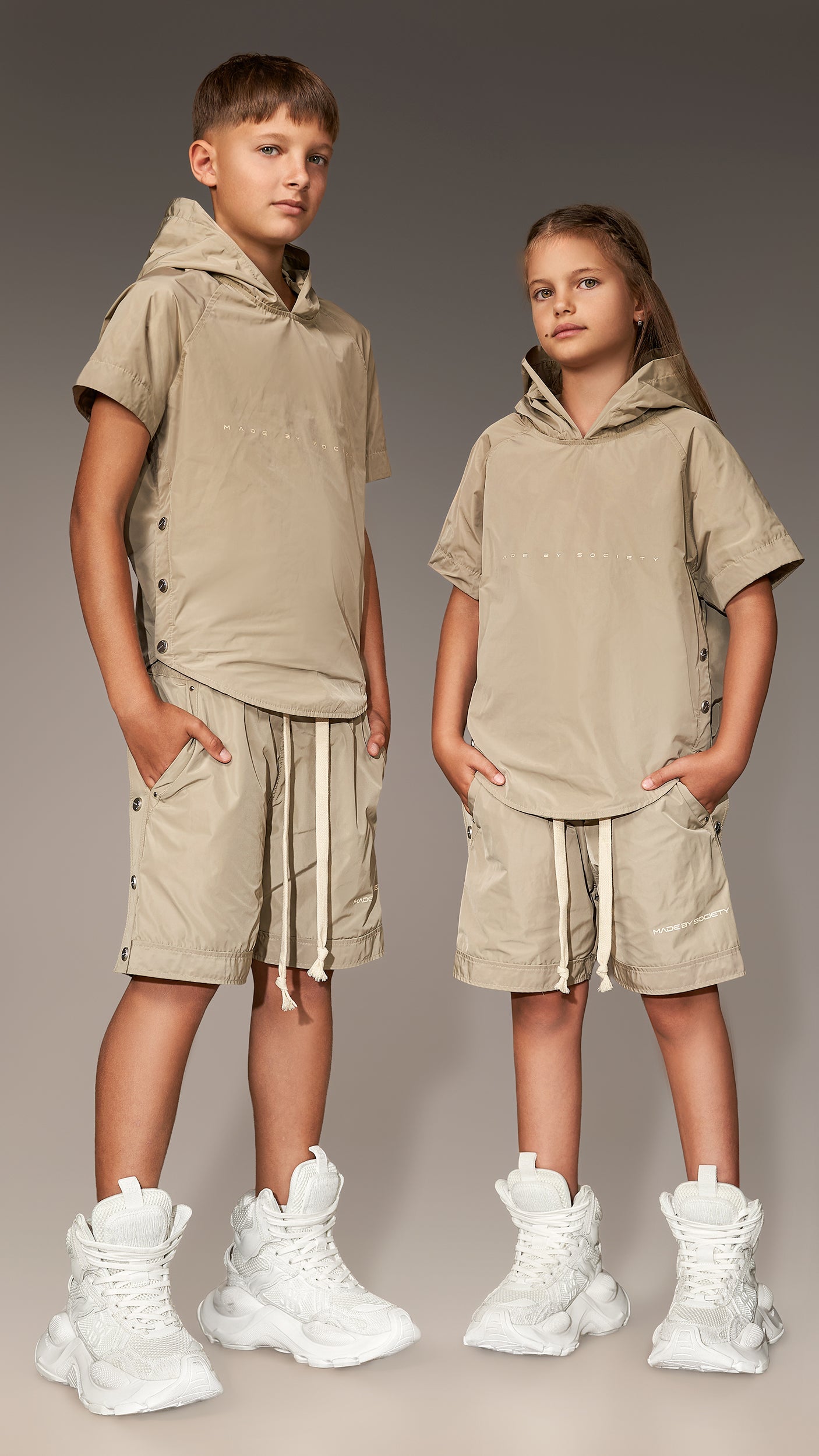 Beige Bermuda Shorts with Snap Fasteners - B36599