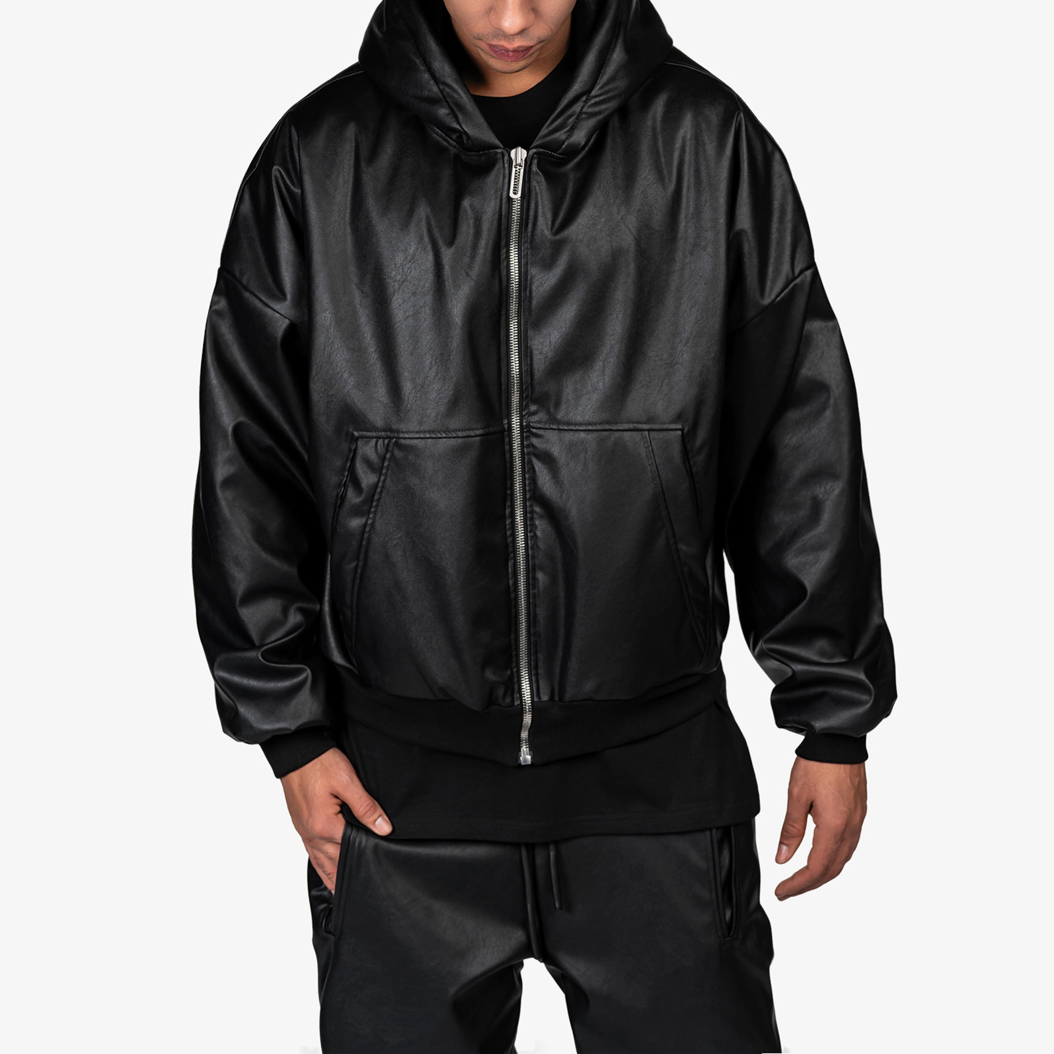 Faux leather hoodie best sale