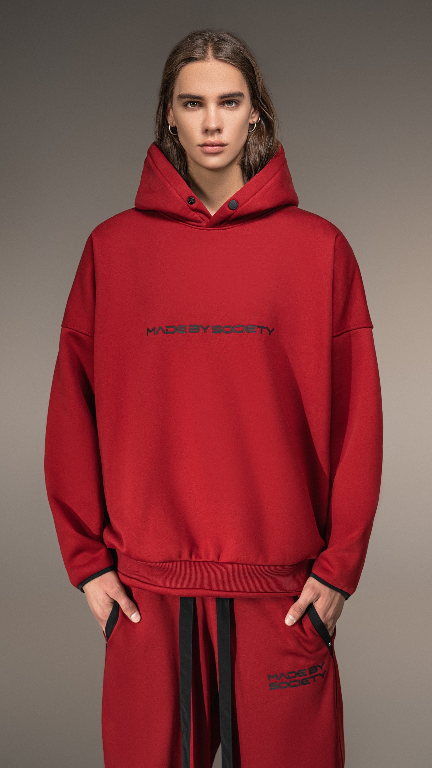 Relaxed Burgundy Hoodie "Made by Society" – H15711